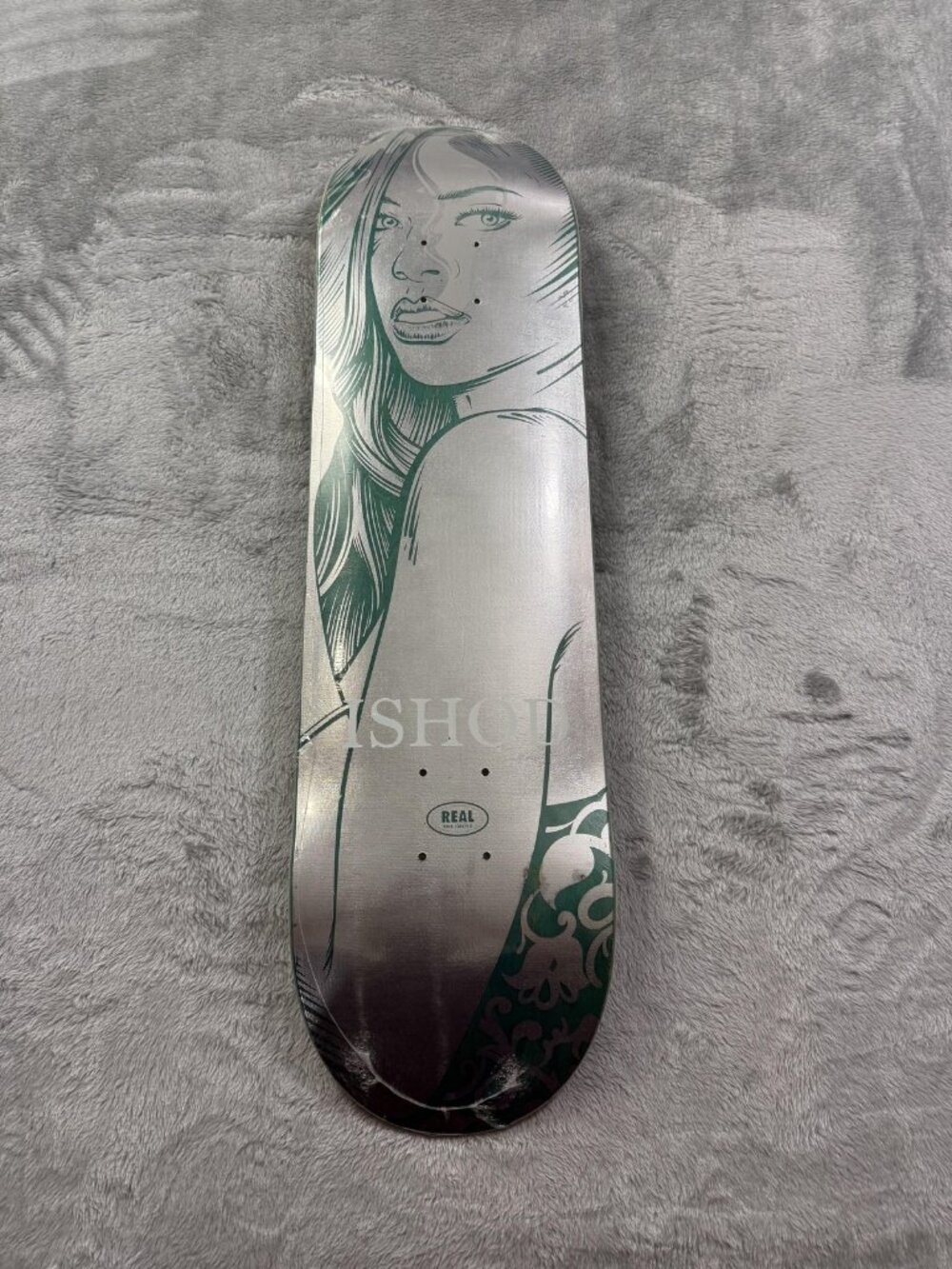 New Real Ishod Girl Foil Skateboard Deck Silver Green Art Graphic Portrait 8.38